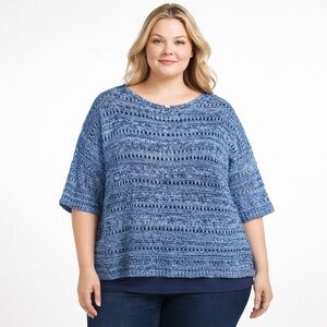 J. Jill Pure Jill Indigo Blue Variegated Sweater 1/2 Sleeve Open Knit 2x